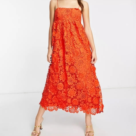 ASOS EDITION 3D Flower Floral Midi Orange Party Cocktail Dress Size 10 - Picture 1 of 14